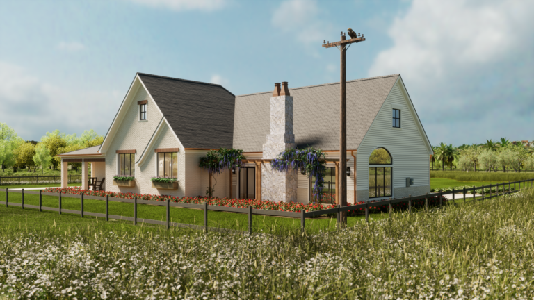 This Storybook-style farmhouse, custom designed for a client near Houston Texas, merges classic charm with modern design, boasting a steep gabled roof, a prominent chimney, and whimsical window flower boxes. The residence is framed by a picturesque wrap-around porch and vibrant flower beds, creating an inviting, fairy-tale countryside retreat. Design, 3d modeling and rendering by Annilee B Waterman.