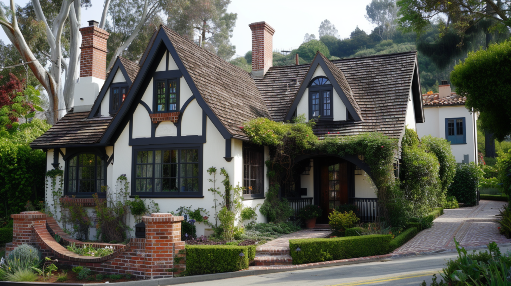 This image showcases an elegantly designed Tudor-style home, adorned with classic half-timbering, a steeply pitched roof, and a welcoming arched entryway embraced by lush greenery. The home's exterior, featuring leaded glass windows and a charming brick pathway, exudes the timeless appeal of traditional Storybook architecture.