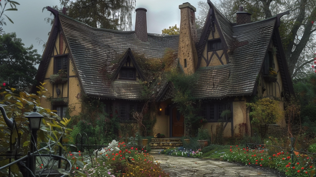 A quintessential Storybook-style home nestled in a lush garden setting, featuring a swooping gable roof, half-timbered stucco walls, and whimsical architectural details. This enchanting residence captures the essence of fairy-tale living with its distinctive steep rooflines, storybook turrets, and picturesque charm. AI assisted Design.