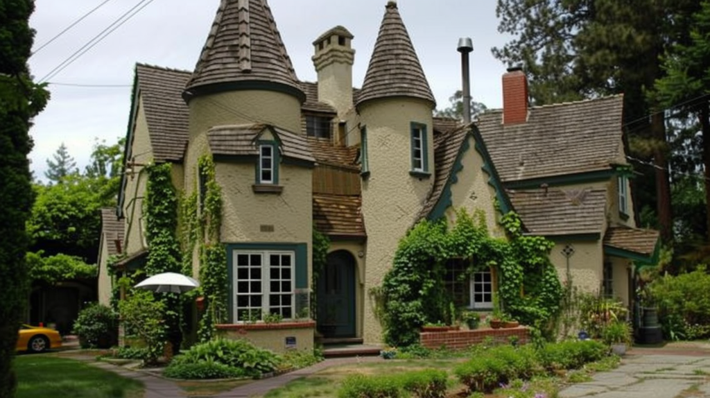 Captivating Storybook Style home with Walter W Dixon inspiration features conical turrets, textured stucco, and climbing ivy. Multi-paned windows and wood shingled steep roofs highlight this 1920s fantasy-inspired, picturesque architecture. AI assisted Design.