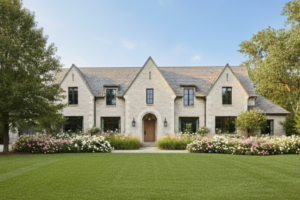 modern traditional french inspired house with light limestone stone exterior, steep gables, black steel windows, arched entry, manicured garden and formal lawn