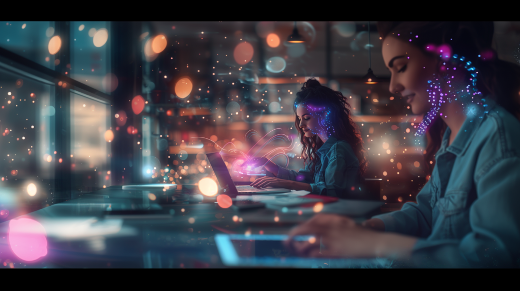 In a cozy, modern workspace, two women collaborate at a sleek wooden table, illuminated by warm ambient lighting. One woman types on a laptop, while the other interacts with a colorful holographic display, enveloped in a swirl of vibrant bokeh lights that add a dreamy atmosphere. Home Design, Rendering, Annilee Waterman, Dallas Texas