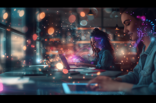 In a cozy, modern workspace, two women collaborate at a sleek wooden table, illuminated by warm ambient lighting. One woman types on a laptop, while the other interacts with a colorful holographic display, enveloped in a swirl of vibrant bokeh lights that add a dreamy atmosphere. Home Design, Rendering, Annilee Waterman, Dallas Texas
