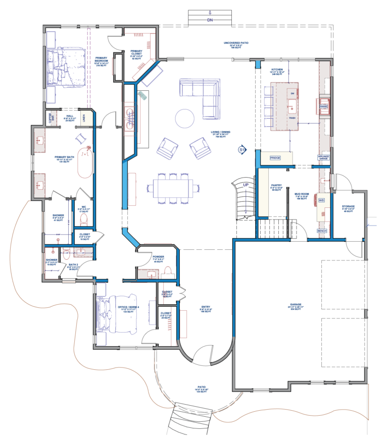 A detailed floor plan of a single-story home illustrates multiple rooms and spaces. The layout includes a living area with a central seating arrangement, a dining area, a kitchen, and several bedrooms, connected by hallways and doors. Each room is labeled, showing dimensions and specific features. Home Design, Rendering, Annilee Waterman, Dallas Texas