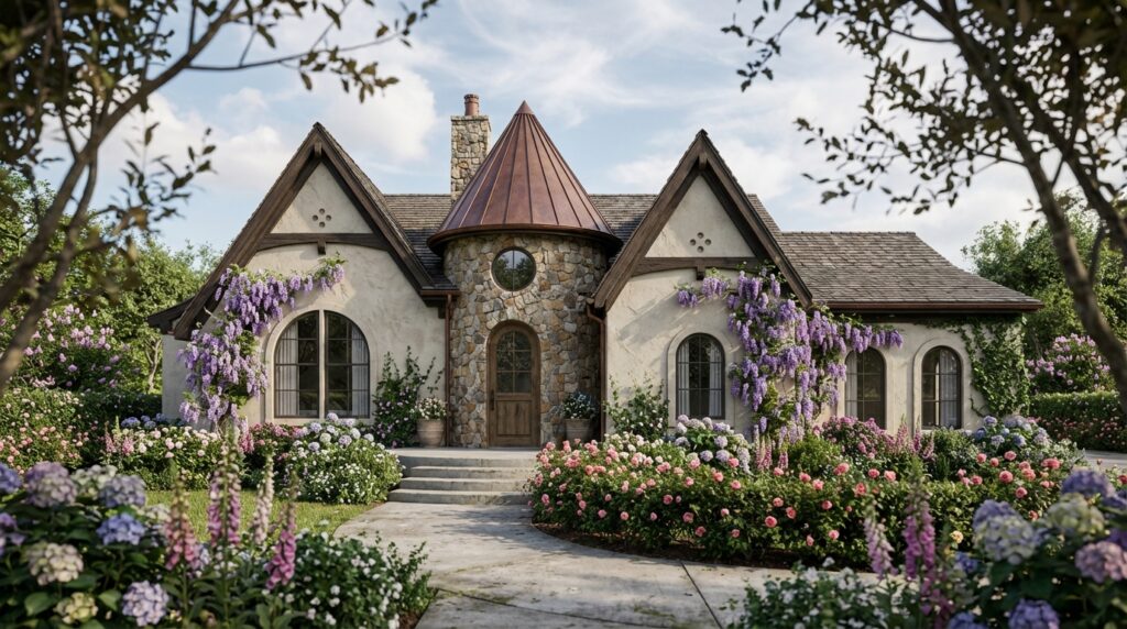 A rendering of a storybook style home designed by Annilee Waterman