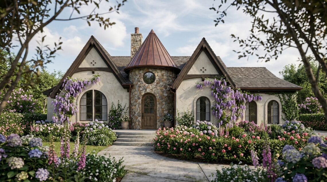 A rendering of a storybook style home designed by Annilee Waterman