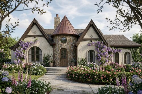 A rendering of a storybook style home designed by Annilee Waterman