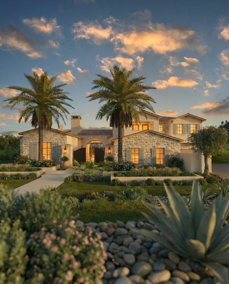 A beautifully designed house featuring stone and stucco exteriors. Lush greenery and palm trees frame the entrance, with soft lighting illuminating the windows at dusk, under a sky painted with clouds and a warm sunset glow. Home Design, Rendering, Annilee Waterman, Dallas Texas