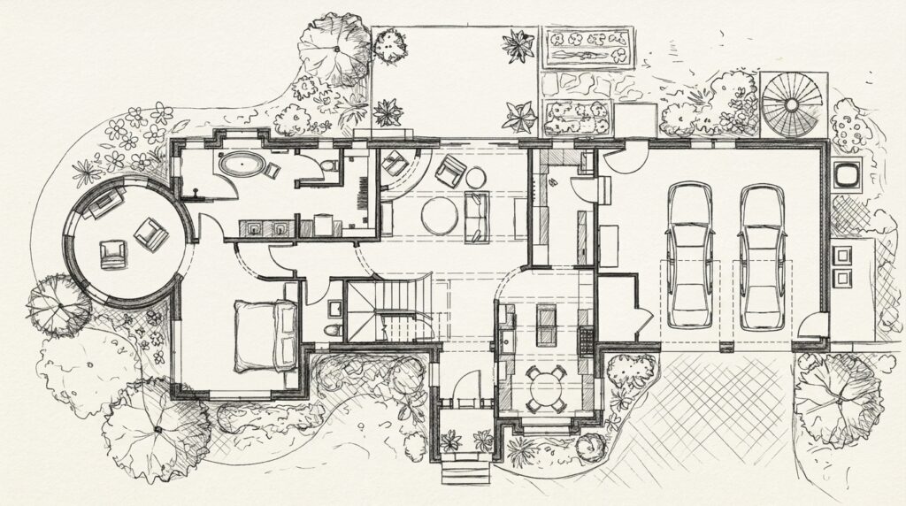 A detailed floor plan of a house featuring a round living area, kitchen, living room, bedrooms, and two-car garage. Surrounding the house are landscaped areas with plants and garden plots. Home Design, Rendering, Annilee Waterman, Dallas Texas