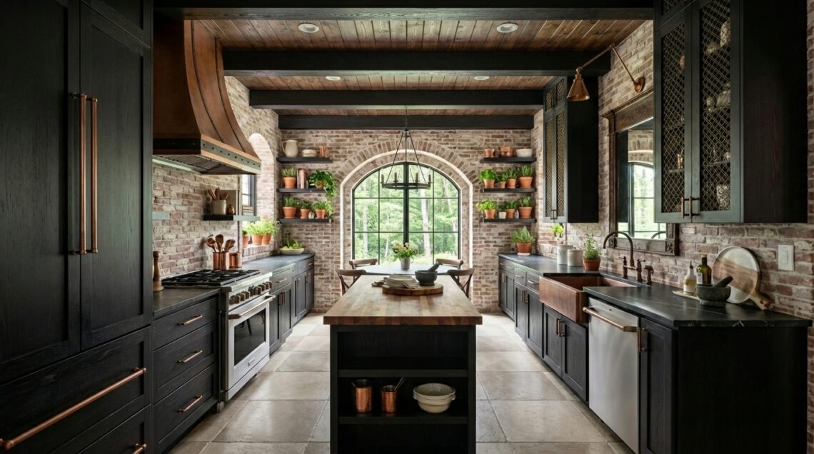 A stylish kitchen with dark cabinetry and a central island, accented by a rustic wooden countertop. Exposed brick walls create a warm atmosphere, complemented by plants on shelves and large windows that let in natural light, showcasing a beautiful Kitchen Design in a Storybook Cottage. Home Design, Rendering, Annilee Waterman, Dallas Texas