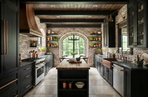 A stylish kitchen with dark cabinetry and a central island, accented by a rustic wooden countertop. Exposed brick walls create a warm atmosphere, complemented by plants on shelves and large windows that let in natural light, showcasing a beautiful Kitchen Design in a Storybook Cottage. Home Design, Rendering, Annilee Waterman, Dallas Texas