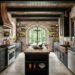 A stylish kitchen with dark cabinetry and a central island, accented by a rustic wooden countertop. Exposed brick walls create a warm atmosphere, complemented by plants on shelves and large windows that let in natural light, showcasing a beautiful Kitchen Design in a Storybook Cottage. Home Design, Rendering, Annilee Waterman, Dallas Texas