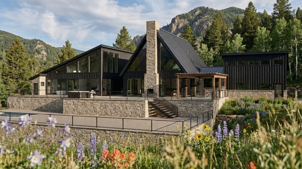 A modern mountain house featuring a mix of stone and dark wood exteriors, surrounded by green trees and vibrant wildflowers. The structure has large windows, a prominent chimney, and a spacious outdoor deck with a view of mountains in the background. Home Design, Rendering, Annilee Waterman, Dallas Texas