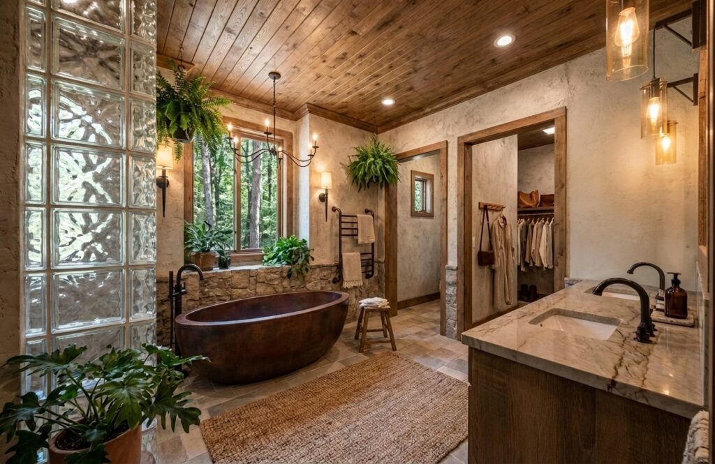 A serene bathroom showcasing a freestanding tub, wooden ceiling, and natural stone elements. Lush plants adorn the space, complemented by a woven rug and modern light fixtures, creating a warm and inviting atmosphere. Home Design, Rendering, Annilee Waterman, Dallas Texas