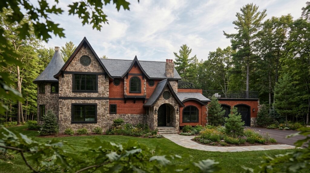 A picturesque house featuring a mix of stone and wooden elements, surrounded by trees and landscaped gardens. The design resembles a storybook fairytale cottage, showcasing intricate architectural details and a welcoming pathway. Annilee Waterman, Home Design, Dallas Texas
