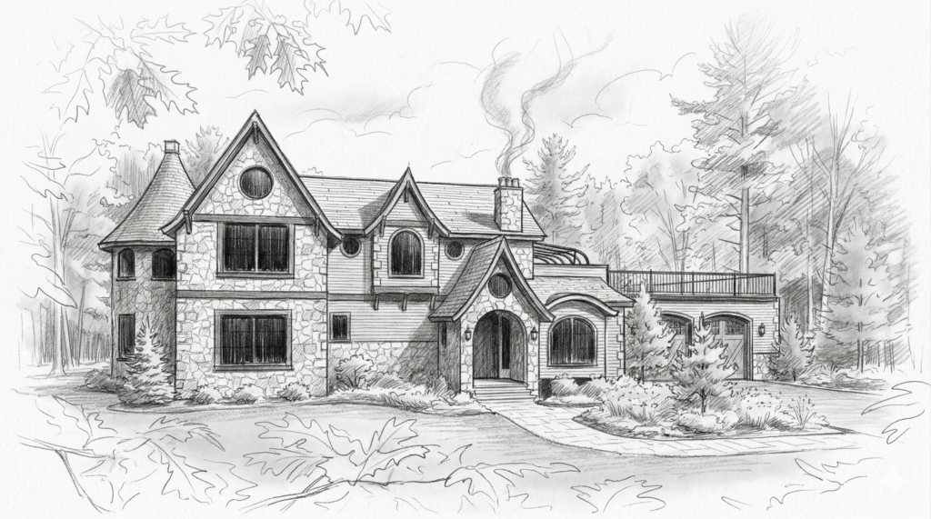 A detailed pencil sketch of a Storybook Cottage, featuring a stone exterior, arched doorways, and a chimney with smoke. Surrounded by trees, the home design captures a whimsical charm within a natural setting. Home Design, Rendering, Annilee Waterman, Dallas Texas
