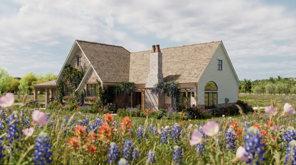 A charming storybook home surrounded by vibrant wildflowers in various colors, set against a backdrop of expansive country scenery in Houston. The house features a sloped roof, large windows, and lush greenery climbing the walls. Home Design, Rendering, Annilee Waterman, Dallas Texas