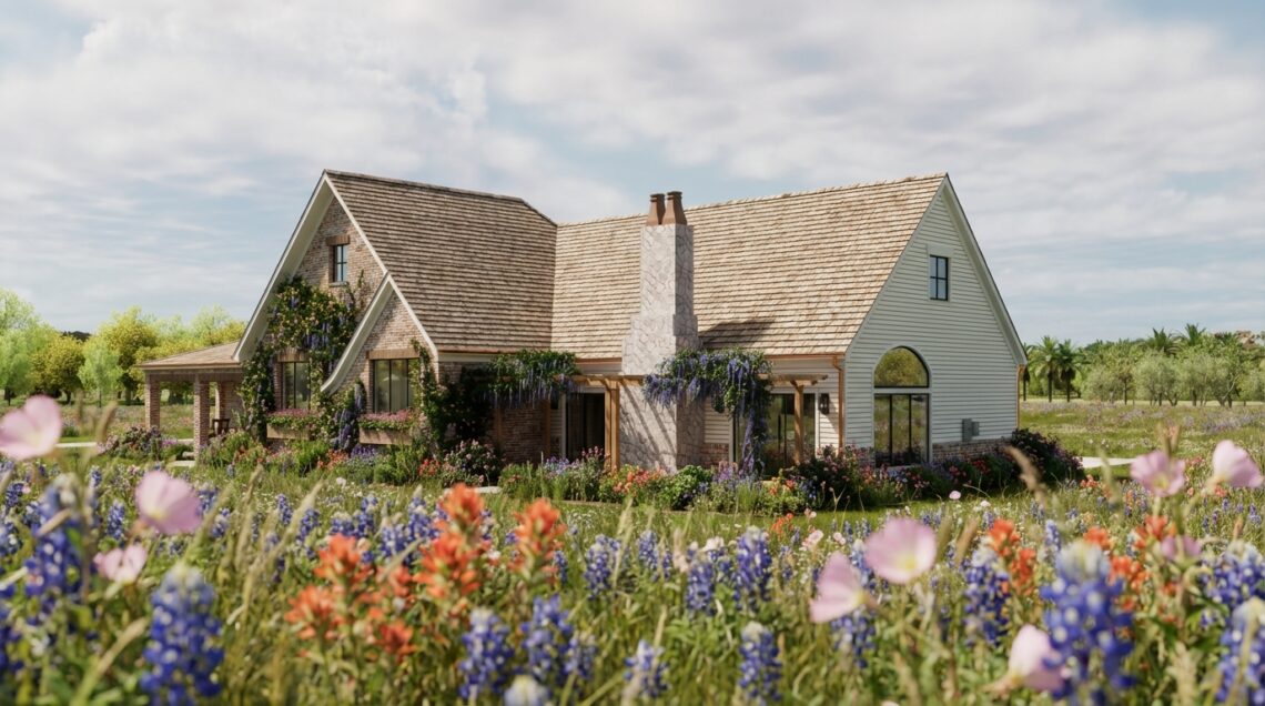 A charming storybook home surrounded by vibrant wildflowers in various colors, set against a backdrop of expansive country scenery in Houston. The house features a sloped roof, large windows, and lush greenery climbing the walls. Home Design, Rendering, Annilee Waterman, Dallas Texas