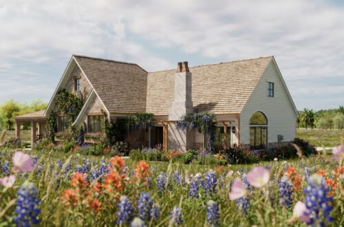 A charming storybook home surrounded by vibrant wildflowers in various colors, set against a backdrop of expansive country scenery in Houston. The house features a sloped roof, large windows, and lush greenery climbing the walls. Home Design, Rendering, Annilee Waterman, Dallas Texas