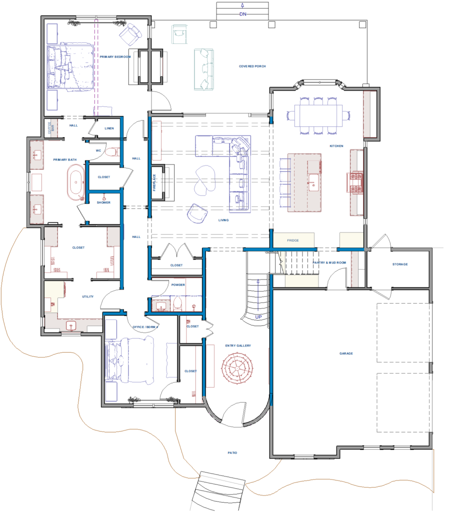 A detailed architectural floor plan of a multiroom home shows bedrooms, closets, bathrooms, a kitchen, living room, porch, storage, and a large garage arranged around a central entry and hallway. Thin black outlines and blue fixture symbols map the interior layout, with a few warm accent lines tracing the exterior and a clean white background giving the plan a technical, blueprint-like look. Home Design, Rendering, Annilee Waterman, Dallas Texas