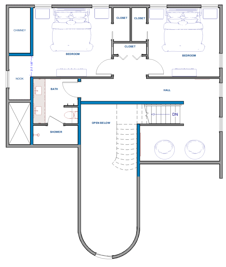 A clean architectural floor plan shows two bedrooms at the top, each with a bed and closet, flanking a central closet and hall. Below, a bath, shower, and stair area open into a large curved space marked “open below,” outlined in thin black lines with blue accents on a white background. Home Design, Rendering, Annilee Waterman, Dallas Texas