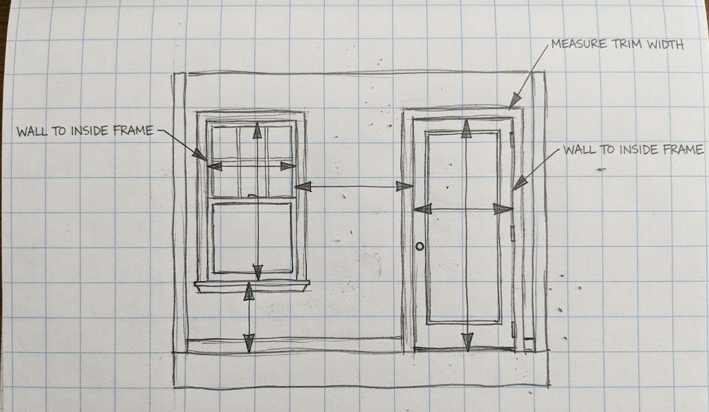 A hand-drawn floor plan on graph paper shows a wall with a window and a door, marked with arrows and notes for measuring trim width and inside frame dimensions. Thin pencil lines and grid squares create a technical, sketchlike layout with a simple, off-white background. Home Design, Rendering, Annilee Waterman, Dallas Texas