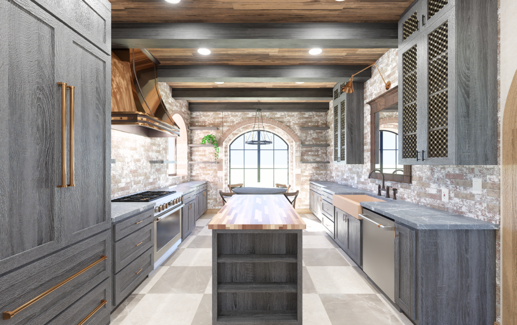 A bright farmhouse kitchen with gray wood cabinetry, brass pulls, and a central island beneath rustic stained beams. Stone-patterned walls, a checkered floor, and a large arched window create a layered, airy composition, while the warm wood range hood and polished counters fit AI in my design work. Home Design, Rendering, Annilee Waterman, Dallas Texas