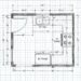 A hand-drawn kitchen floor plan on gridded paper shows the room layout with thick dark wall outlines and measurement notes. The sketch places a sink along the top wall, a range on the right, and a refrigerator near the bottom center, with door swing arcs and dimension lines marked around the perimeter. Home Design, Rendering, Annilee Waterman, Dallas Texas
