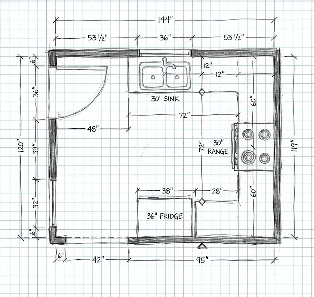 A hand-drawn kitchen floor plan on gridded paper shows the room layout with thick dark wall outlines and measurement notes. The sketch places a sink along the top wall, a range on the right, and a refrigerator near the bottom center, with door swing arcs and dimension lines marked around the perimeter. Home Design, Rendering, Annilee Waterman, Dallas Texas
