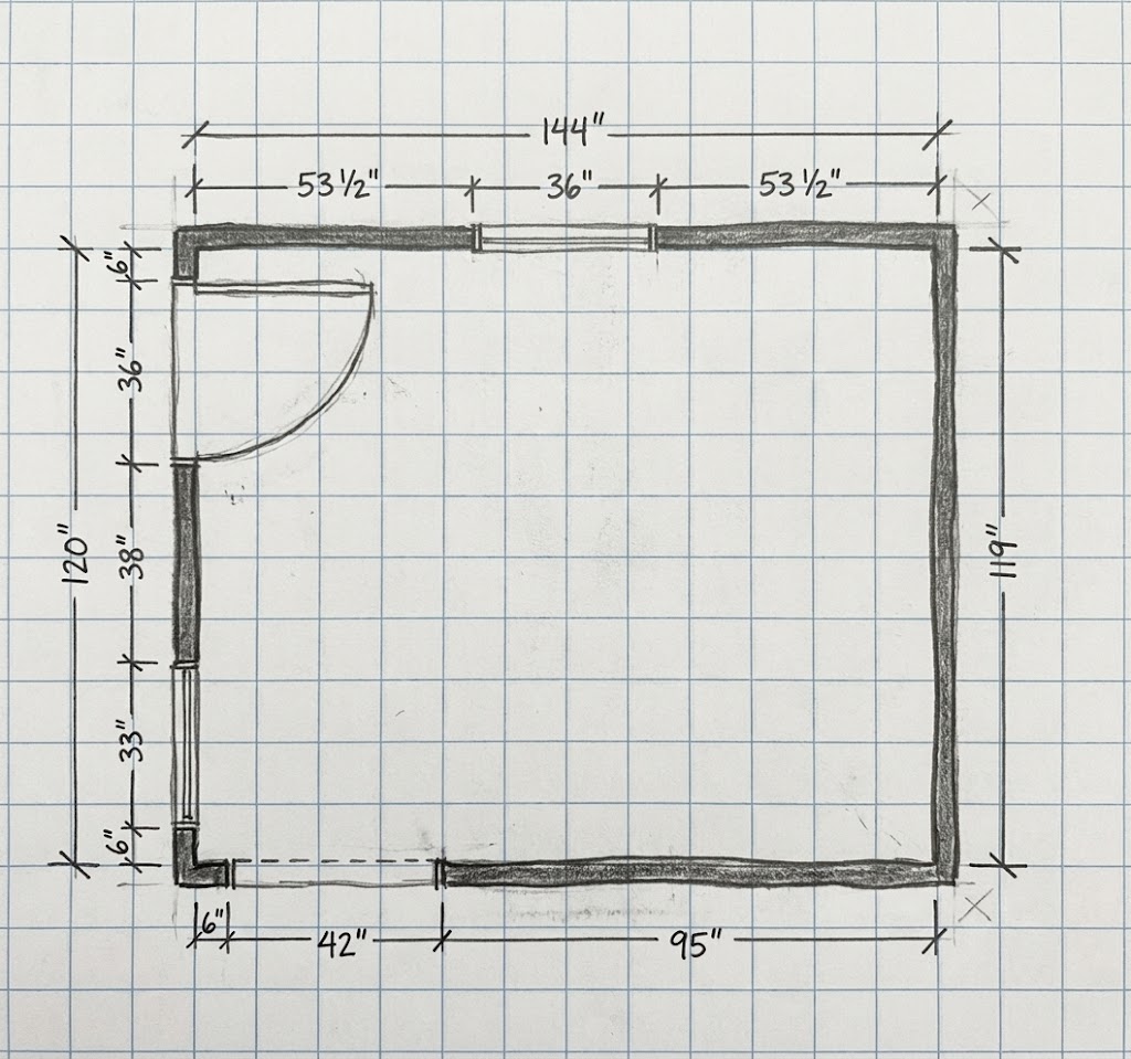 A hand-drawn floor plan on graph paper shows a rectangular room outlined in dark pencil, with a door swinging inward from the upper left wall and measurements marked around the perimeter. The pale grid, bold boundary lines, and handwritten inch labels create a simple, technical sketch with a raw, work-in-progress feel. Home Design, Rendering, Annilee Waterman, Dallas Texas