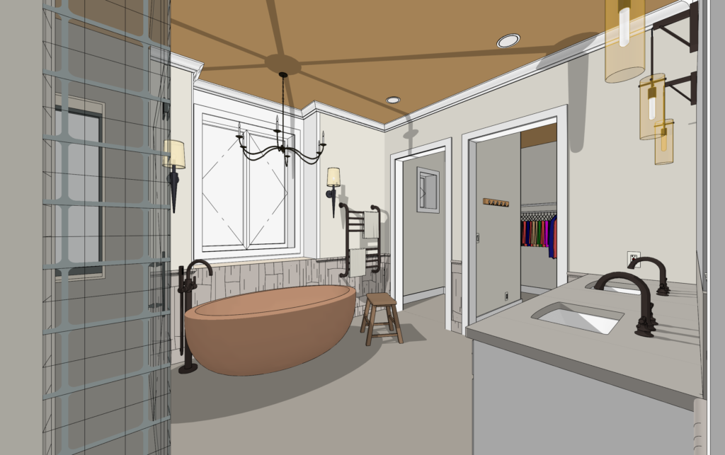 A rendered bathroom interior with a freestanding oval tub, glass shower wall, and double vanity arranged around a central walkway. Warm tan and gray finishes, black fixtures, and brass accents create a polished look suited to AI in my design work. Home Design, Rendering, Annilee Waterman, Dallas Texas