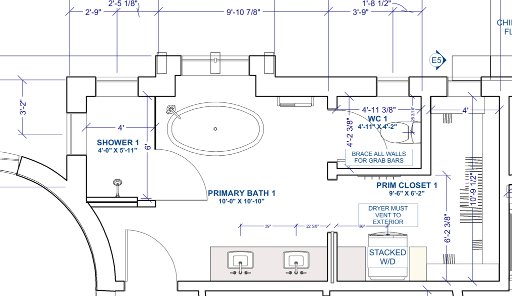 A clean architectural floor plan of a primary bathroom layout, with a centered oval tub, a shower at left, dual sinks along the lower wall, and a closet and stacked washer-dryer on the right. Thin black lines and blue dimension notes create a precise, technical look, like AI in my design work. Home Design, Rendering, Annilee Waterman, Dallas Texas