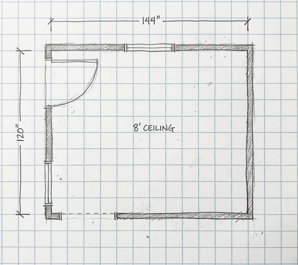 A hand-drawn floor plan on blue grid paper shows a simple rectangular room labeled 144" by 120" with an 8' ceiling. Dark pencil lines mark the walls, and a curved door swing opens near the upper left, all framed by the pale graph pattern and soft paper texture. Home Design, Rendering, Annilee Waterman, Dallas Texas