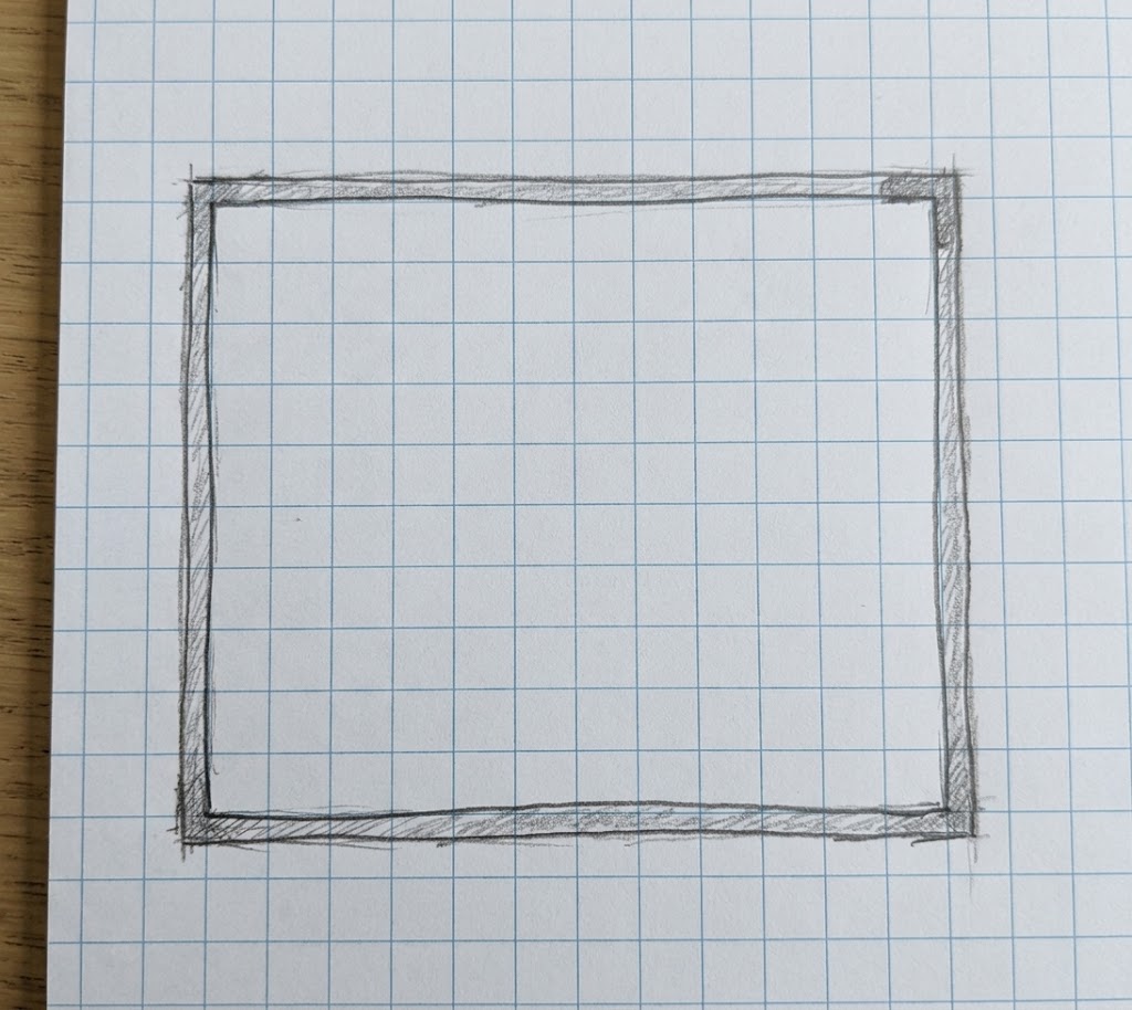 A hand-drawn rectangular frame sketched in dark pencil on light blue graph paper, with layered lines that give the border a rough, shaded edge. Centered on the page and surrounded by a narrow margin, the simple composition feels unfinished and carefully drafted. Home Design, Rendering, Annilee Waterman, Dallas Texas