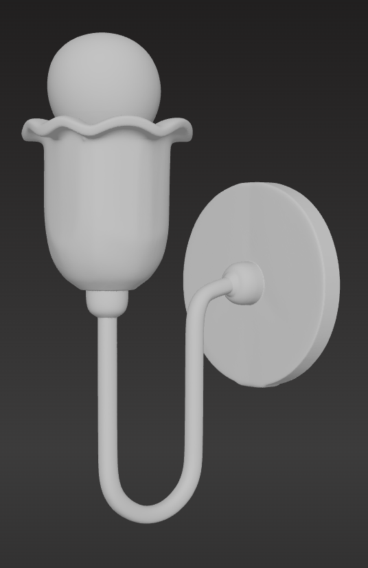 A matte white wall sconce combines a rounded bulb, a fluted cup-like shade, and a curved support arm mounted to a circular base. Rendered in soft grayscale against a dark background, it has a smooth, minimalist look suited to AI in my design work. Home Design, Rendering, Annilee Waterman, Dallas Texas