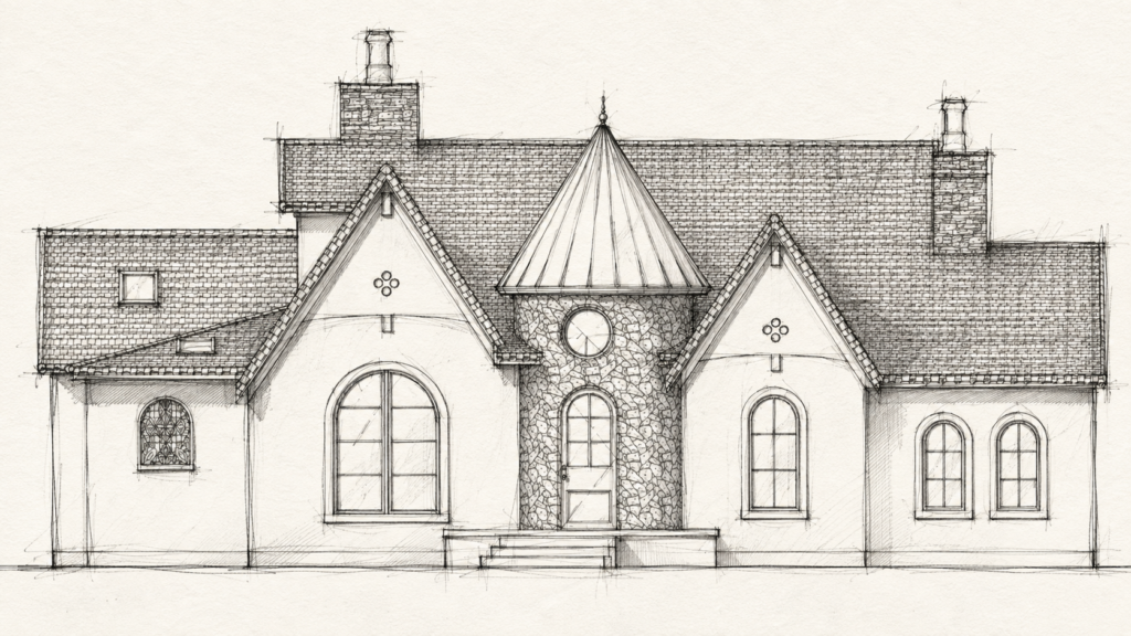 A hand-drawn architectural sketch of a symmetrical house with steep gables, a central conical-roofed tower, and arched windows. Fine pencil lines and crosshatching define the roof tiles, stone textures, and facade, while the building sits centered on a blank white background, giving the drawing a clean, airy feel. Home Design, Rendering, Annilee Waterman, Dallas Texas