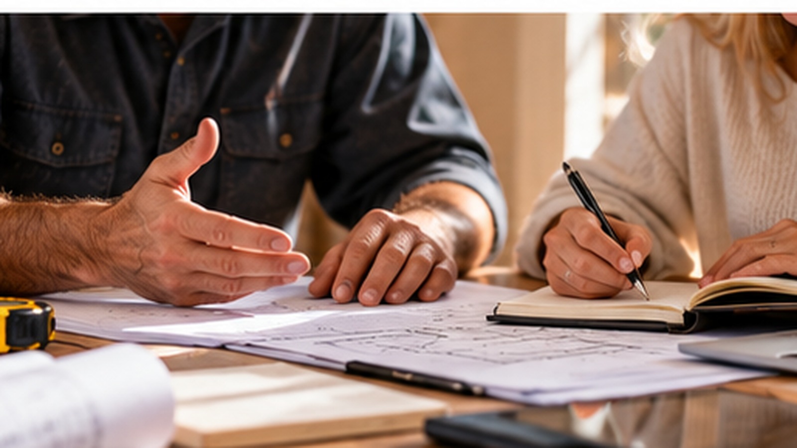 Homeowners and a builder reviewing architectural plans together at an active custom home construction site.