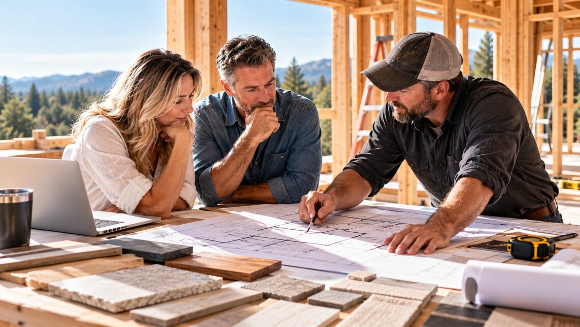 Homeowners meeting with a builder over architectural plans inside a framed custom home under construction.