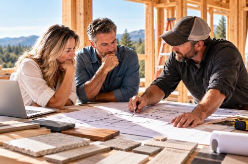 Homeowners meeting with a builder over architectural plans inside a framed custom home under construction.
