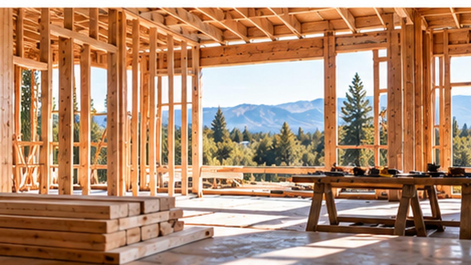 Interior of a custom home during framing with exposed wood structure and active residential construction in progress.