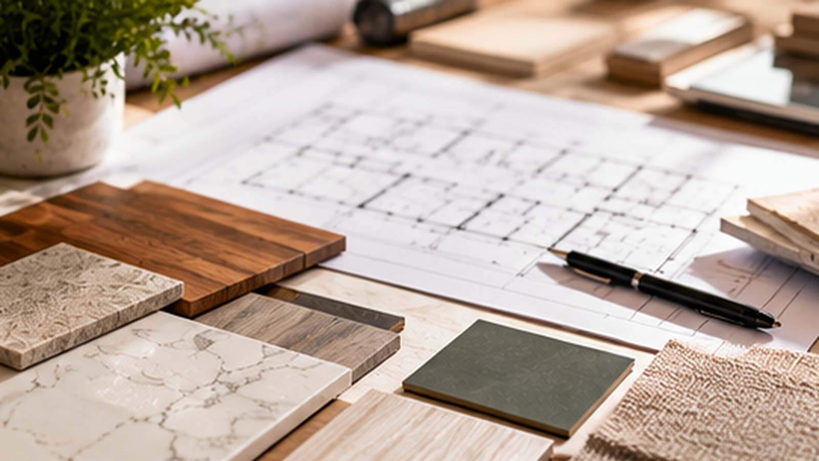 Architectural home plans arranged with construction material and finish samples for a custom home project.