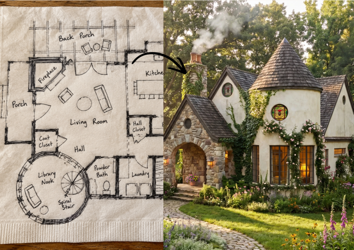 A split image pairs a hand-drawn house floor plan on textured paper with a finished cottage exterior on the right, linked by a black arrow from the sketch to the built home. The stone entry, steep rooflines, climbing ivy, and sunlit garden suggest a plan transformed into a charming residence. Home Design, Rendering, Annilee Waterman, Dallas Texas