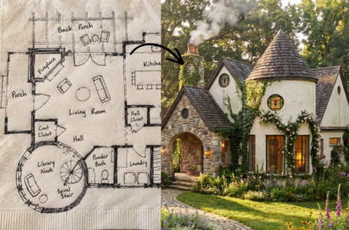 A split image pairs a hand-drawn house floor plan on textured paper with a finished cottage exterior on the right, linked by a black arrow from the sketch to the built home. The stone entry, steep rooflines, climbing ivy, and sunlit garden suggest a plan transformed into a charming residence. Home Design, Rendering, Annilee Waterman, Dallas Texas
