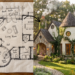 A split image pairs a hand-drawn house floor plan on textured paper with a finished cottage exterior on the right, linked by a black arrow from the sketch to the built home. The stone entry, steep rooflines, climbing ivy, and sunlit garden suggest a plan transformed into a charming residence. Home Design, Rendering, Annilee Waterman, Dallas Texas